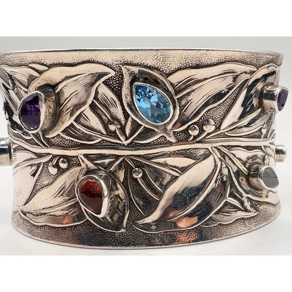 Art Nouveau Style Sterling Silver Gemstone Cuff Bracelet Leaves Berries